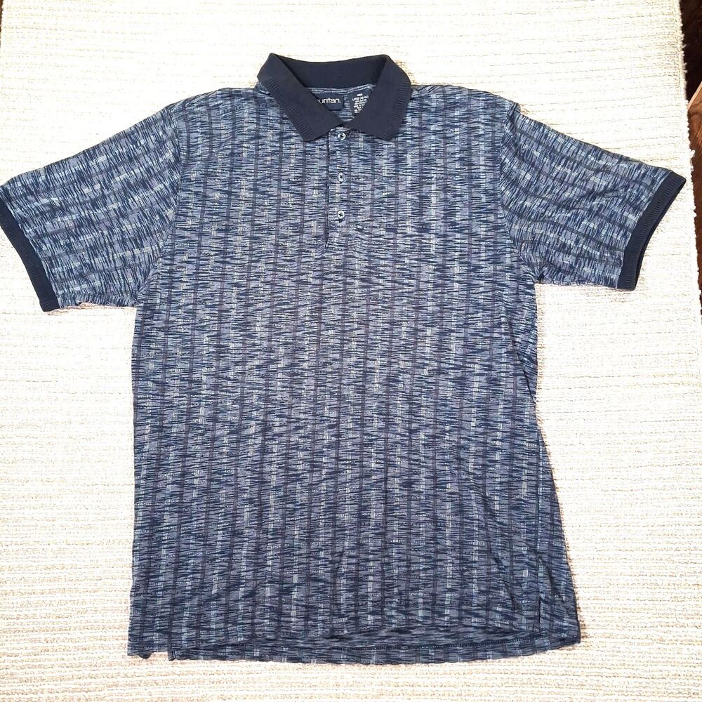 puritan mens large short sleeve polo shirt navy blue striped casual golf retro